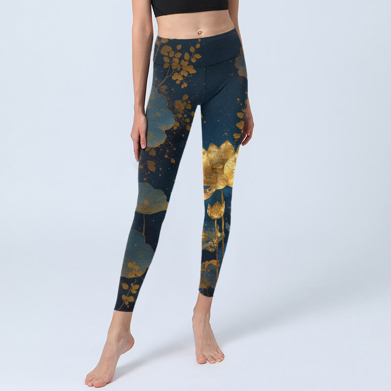 Elegante Leggings mit Buddha Stones -Motiv, Lotusblumen- und Blattmuster, Yogahose für Damen - image 5