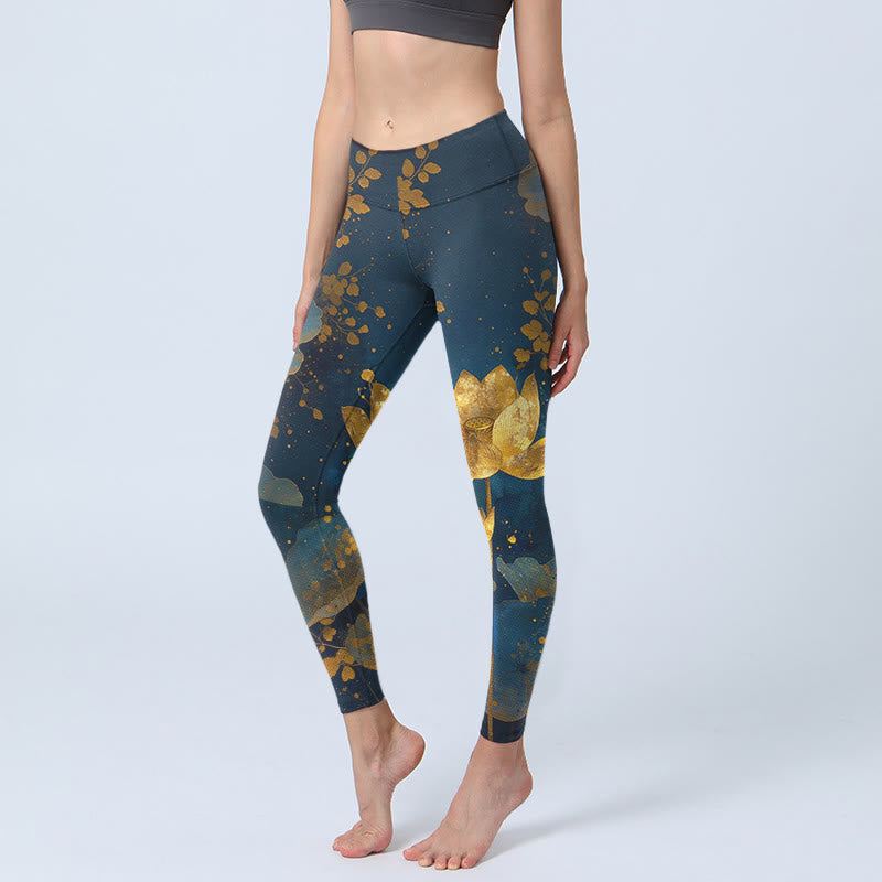 Elegante Leggings mit Buddha Stones -Motiv, Lotusblumen- und Blattmuster, Yogahose für Damen - SteelBlue - US18, UK/AU22, EU50 (4XL) - image 0