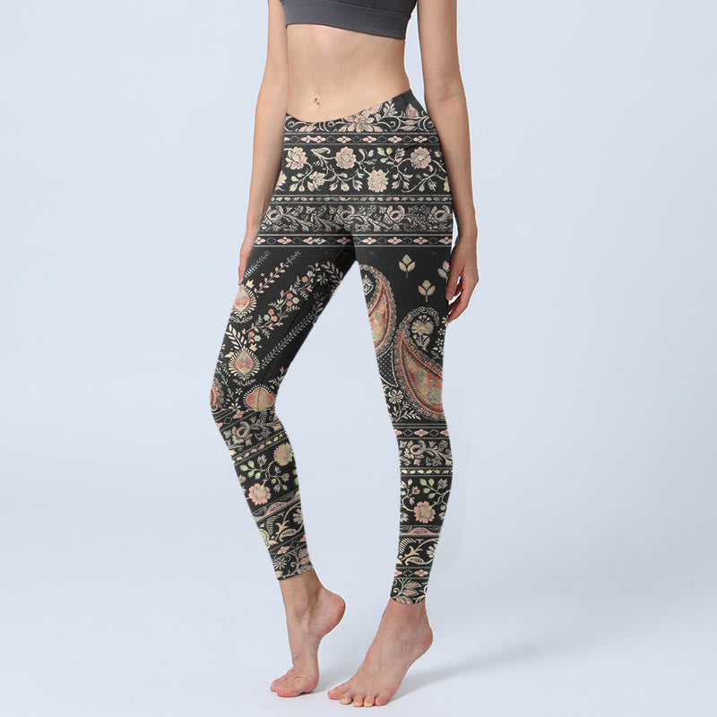 Leggings mit Buddha Stones -Retro-Blumen-, Blatt- und Rankenmuster, Damen-Yogahose - Schwarz - US18, UK/AU22, EU50 (4XL) - image 0