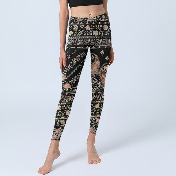 Leggings mit Buddha Stones -Retro-Blumen-, Blatt- und Rankenmuster, Damen-Yogahose - image 5