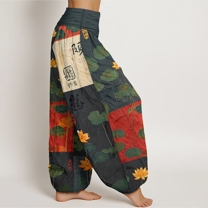 Buddha Stones, reine Baumwolle, starke visuelle Wirkung, Lotusblumen- und Blättermuster, Damen-Haremshose mit elastischem Bund - image 2