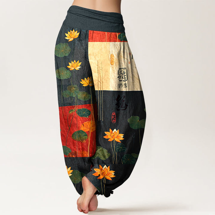 Buddha Stones, reine Baumwolle, starke visuelle Wirkung, Lotusblumen- und Blättermuster, Damen-Haremshose mit elastischem Bund - image 1