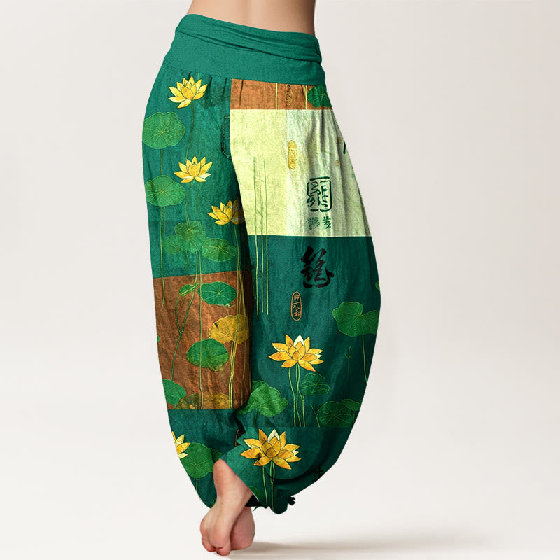 Buddha Stones, reine Baumwolle, starke visuelle Wirkung, Lotusblumen- und Blättermuster, Damen-Haremshose mit elastischem Bund - image 6
