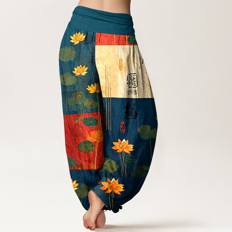 Buddha Stones, reine Baumwolle, starke visuelle Wirkung, Lotusblumen- und Blättermuster, Damen-Haremshose mit elastischem Bund - image 9