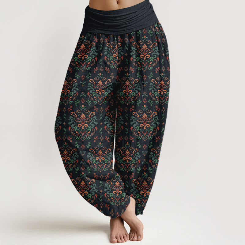 Buddha Stones Haremshose aus reiner Baumwolle mit symmetrischem Retro-Blumen- und Blattmuster, elastischem Bund für Damen - Schwarz - US16, UK/AU20, EU48 (3XL) - image 0
