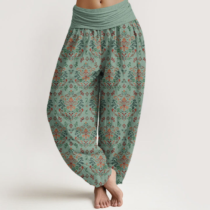 Buddha Stones Haremshose aus reiner Baumwolle mit symmetrischem Retro-Blumen- und Blattmuster, elastischem Bund für Damen - Mittelaquamarin - US16, UK/AU20, EU48 (3XL) - image 5