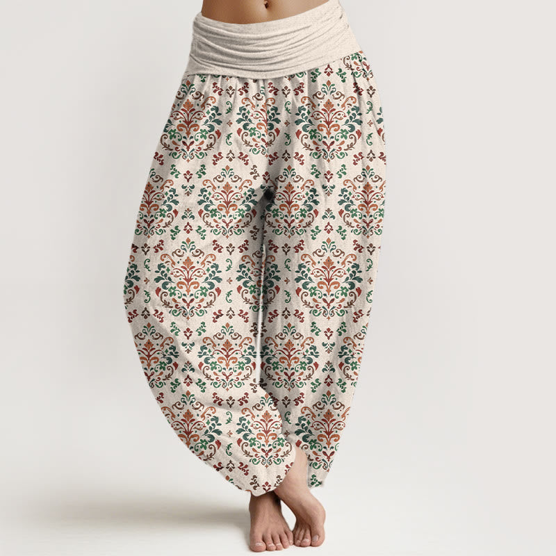 Buddha Stones Haremshose aus reiner Baumwolle mit symmetrischem Retro-Blumen- und Blattmuster, elastischem Bund für Damen - Beige - US16, UK/AU20, EU48 (3XL) - image 8