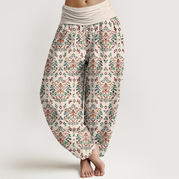 Buddha Stones Haremshose aus reiner Baumwolle mit symmetrischem Retro-Blumen- und Blattmuster, elastischem Bund für Damen - Beige - US16, UK/AU20, EU48 (3XL) - image 8