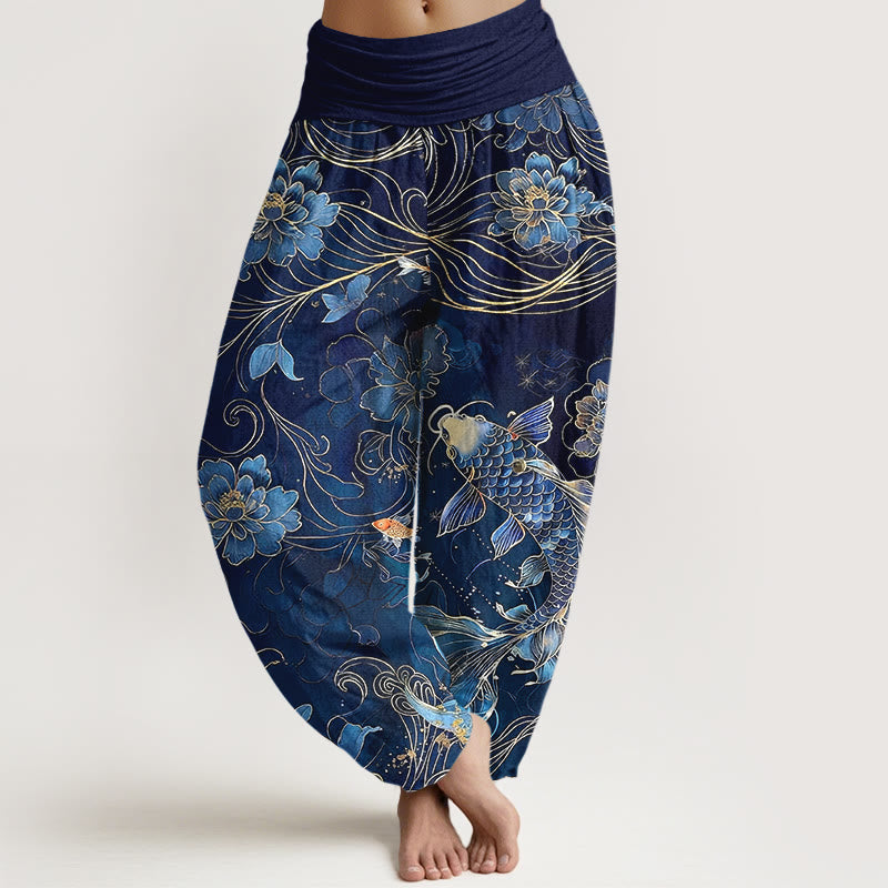 Buddha Stones Haremshose aus reiner Baumwolle mit traumhaftem Koi-Fisch-Pfingstrosen-Kurvenmuster und elastischem Bund für Damen - Marine - US16, UK/AU20, EU48 (3XL) - image 0