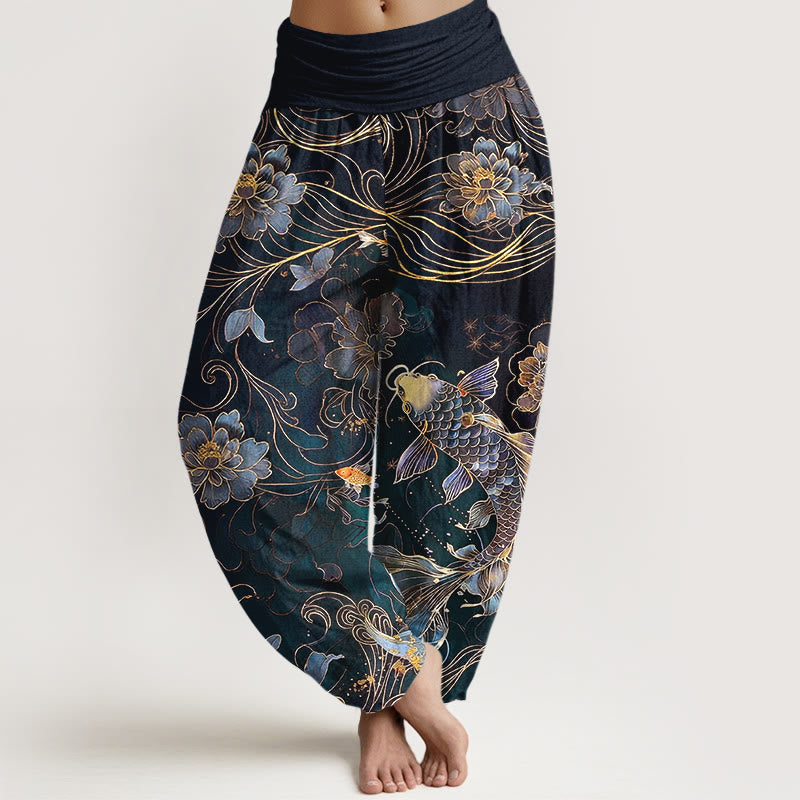 Buddha Stones Haremshose aus reiner Baumwolle mit traumhaftem Koi-Fisch-Pfingstrosen-Kurvenmuster und elastischem Bund für Damen - Schwarz - US16, UK/AU20, EU48 (3XL) - image 5