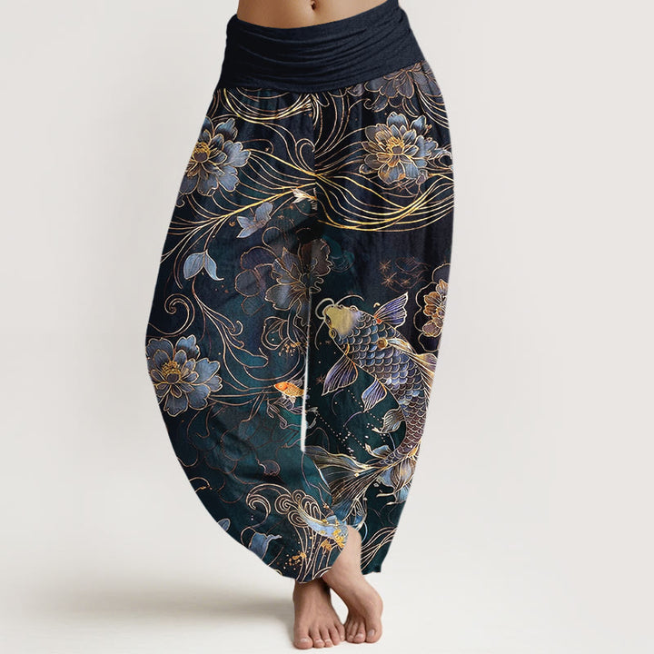 Buddha Stones Haremshose aus reiner Baumwolle mit traumhaftem Koi-Fisch-Pfingstrosen-Kurvenmuster und elastischem Bund für Damen - Schwarz - US16, UK/AU20, EU48 (3XL) - image 5