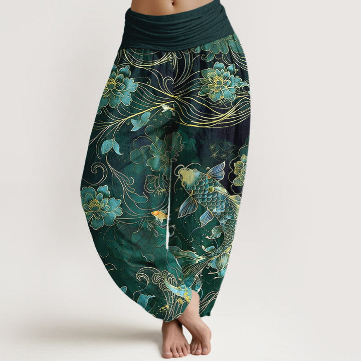 Buddha Stones Haremshose aus reiner Baumwolle mit traumhaftem Koi-Fisch-Pfingstrosen-Kurvenmuster und elastischem Bund für Damen - Dunkelgrün - US16, UK/AU20, EU48 (3XL) - image 8