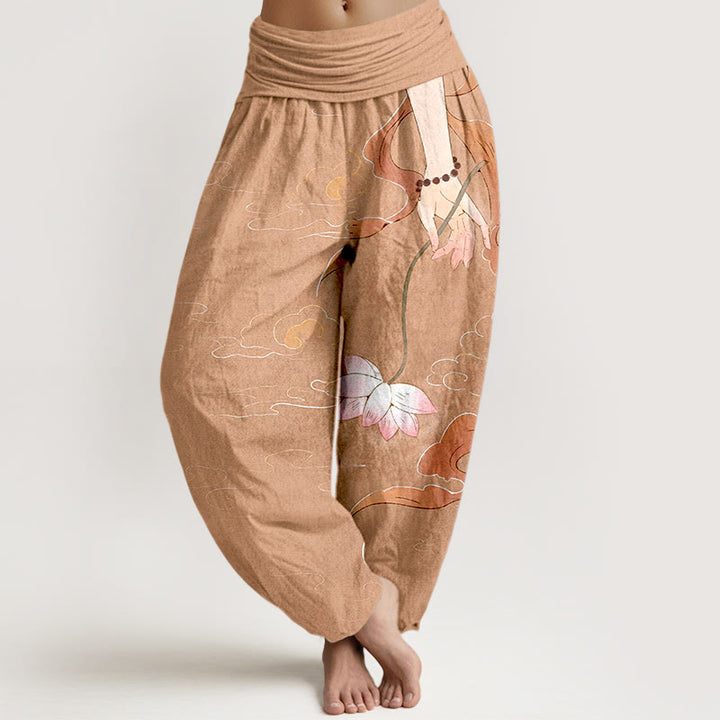 Buddha Stones, reine Baumwolle, Lotusblumen, fließende Bänder, handgetragene Gebetsperlen, Wolkenmuster, Damen-Haremshose mit elastischem Bund. - Helllachs - US16, UK/AU20, EU48 (3XL) - image 0