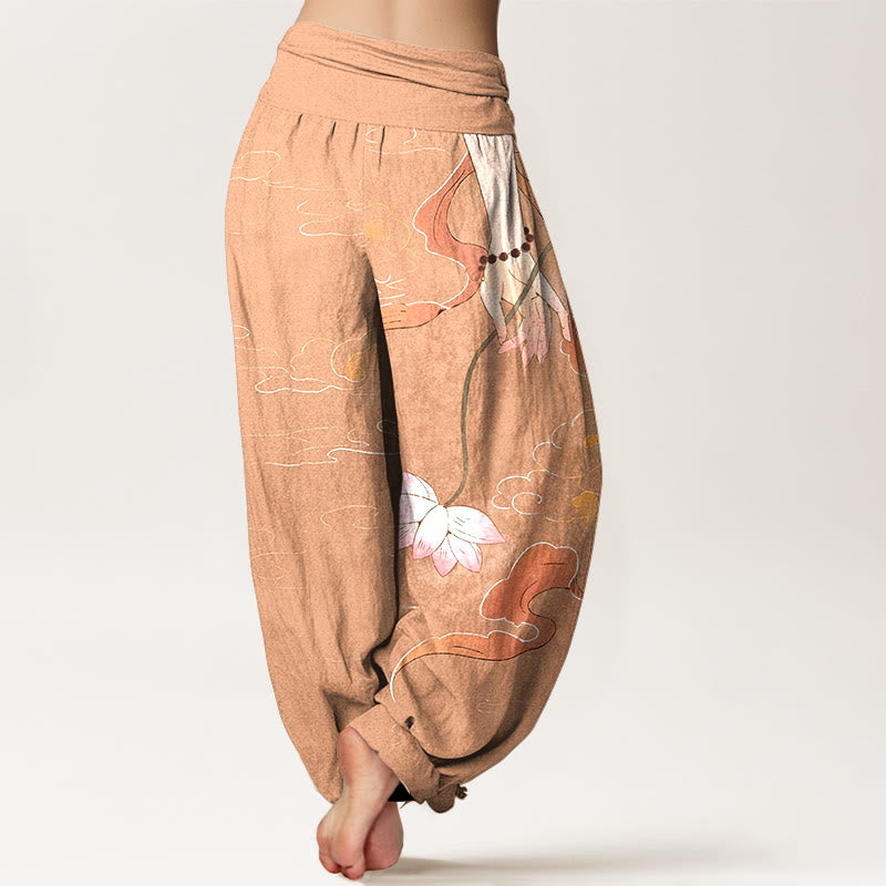 Buddha Stones, reine Baumwolle, Lotusblumen, fließende Bänder, handgetragene Gebetsperlen, Wolkenmuster, Damen-Haremshose mit elastischem Bund. - image 1