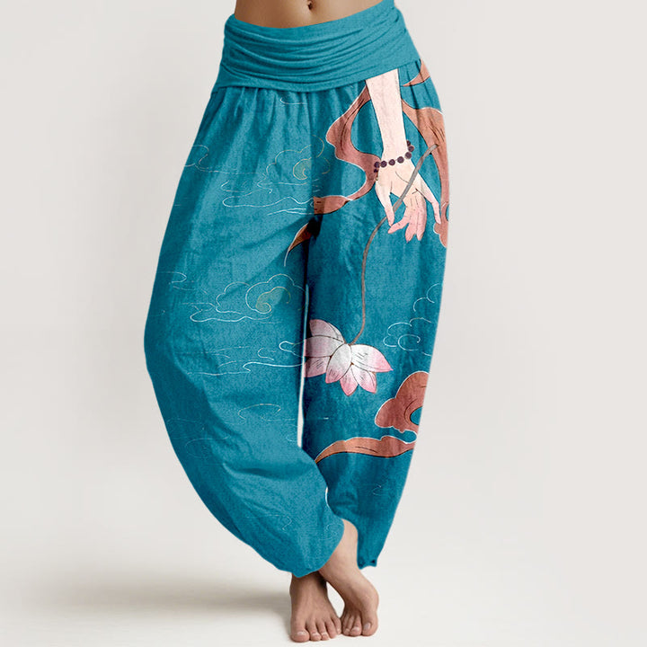 Buddha Stones, reine Baumwolle, Lotusblumen, fließende Bänder, handgetragene Gebetsperlen, Wolkenmuster, Damen-Haremshose mit elastischem Bund. - Tiefblau - US16, UK/AU20, EU48 (3XL) - image 5