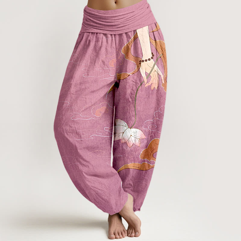 Buddha Stones, reine Baumwolle, Lotusblumen, fließende Bänder, handgetragene Gebetsperlen, Wolkenmuster, Damen-Haremshose mit elastischem Bund. - Knallpink - US16, UK/AU20, EU48 (3XL) - image 8