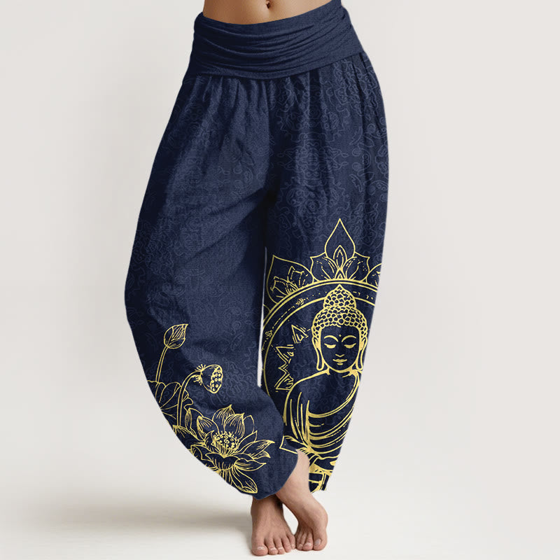 Buddha Stones Haremshose aus reiner Baumwolle mit klassischem Lotusblüten- und Blattmuster (Buddha-Motiv) und elastischem Bund für Damen. - Dunkelblau - US16, UK/AU20, EU48 (3XL) - image 5
