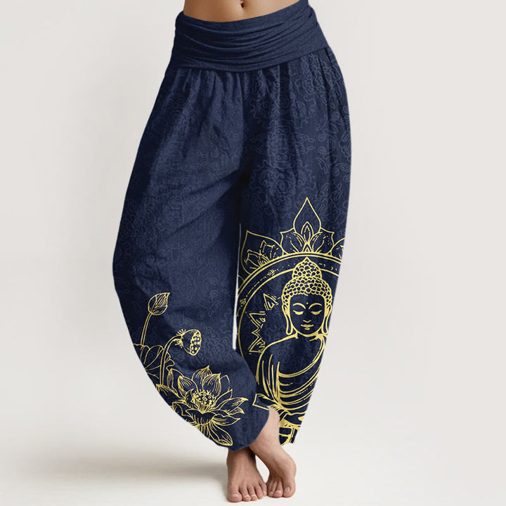 Buddha Stones Haremshose aus reiner Baumwolle mit klassischem Lotusblüten- und Blattmuster (Buddha-Motiv) und elastischem Bund für Damen. - Dunkelblau - US16, UK/AU20, EU48 (3XL) - image 5