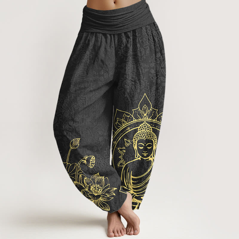 Buddha Stones Haremshose aus reiner Baumwolle mit klassischem Lotusblüten- und Blattmuster (Buddha-Motiv) und elastischem Bund für Damen. - Schwarz - US16, UK/AU20, EU48 (3XL) - image 8