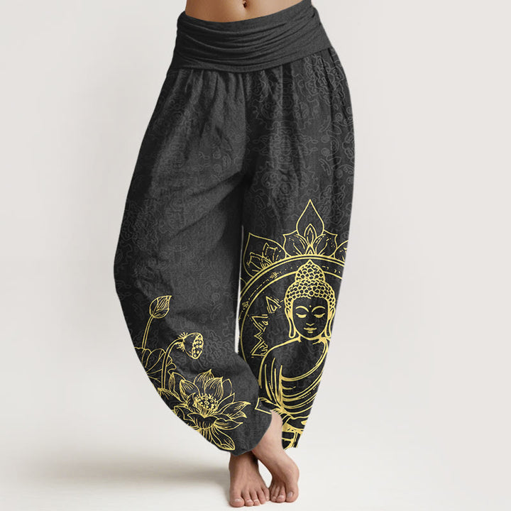 Buddha Stones Haremshose aus reiner Baumwolle mit klassischem Lotusblüten- und Blattmuster (Buddha-Motiv) und elastischem Bund für Damen. - Schwarz - US16, UK/AU20, EU48 (3XL) - image 8