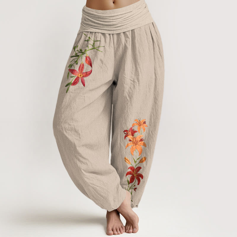 Buddha Stones Haremshose aus reiner Baumwolle mit farbenfrohem Lilienmuster (fünfblättriges Blumenmuster) und elastischem Bund für Damen. - Bräunen - US16, UK/AU20, EU48 (3XL) - image 0