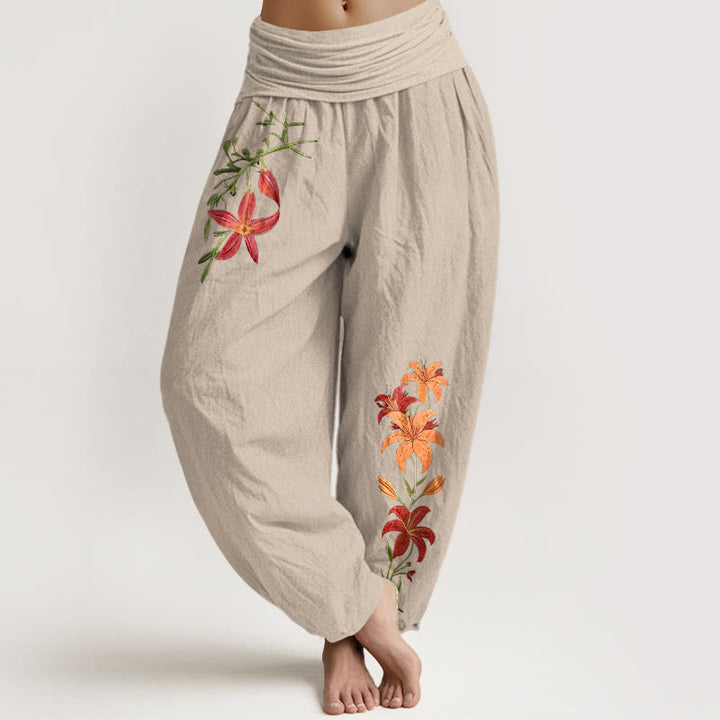 Buddha Stones Haremshose aus reiner Baumwolle mit farbenfrohem Lilienmuster (fünfblättriges Blumenmuster) und elastischem Bund für Damen. - Bräunen - US16, UK/AU20, EU48 (3XL) - image 0