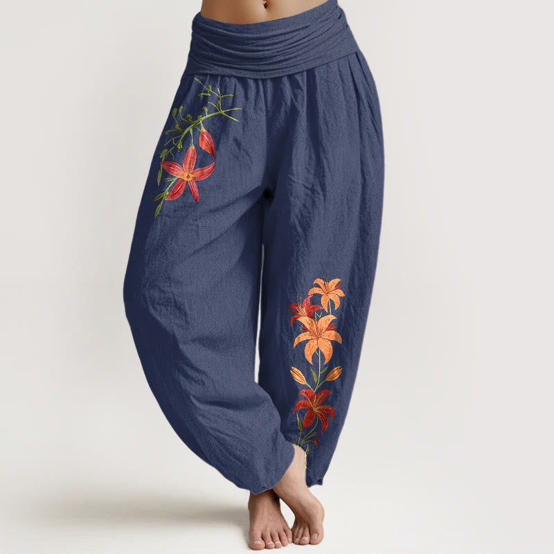 Buddha Stones Haremshose aus reiner Baumwolle mit farbenfrohem Lilienmuster (fünfblättriges Blumenmuster) und elastischem Bund für Damen. - Dunkelschieferblau - US16, UK/AU20, EU48 (3XL) - image 8