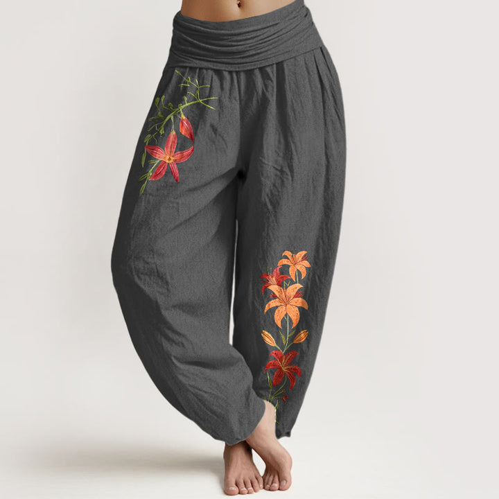 Buddha Stones Haremshose aus reiner Baumwolle mit farbenfrohem Lilienmuster (fünfblättriges Blumenmuster) und elastischem Bund für Damen. - DimGray - US16, UK/AU20, EU48 (3XL) - image 11
