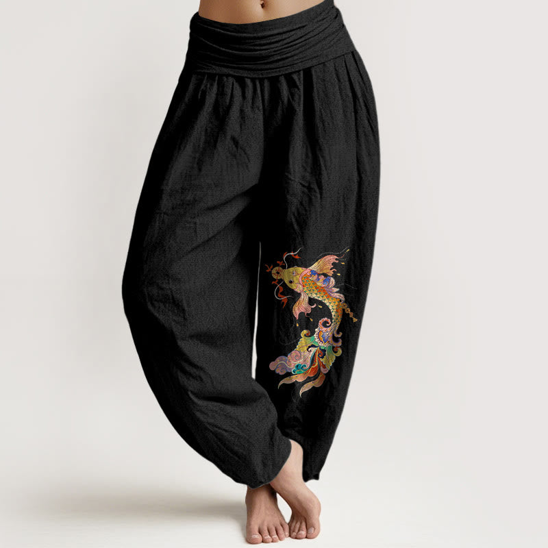 Buddha Stones, reine Baumwolle, farbenfrohe Koi-Karpfen, Kupfermünzen, chinesische Schriftzeichen – Damen-Haremshose mit elastischem Bund. - Schwarz - US16, UK/AU20, EU48 (3XL) - image 0