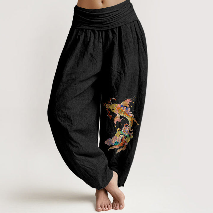 Buddha Stones, reine Baumwolle, farbenfrohe Koi-Karpfen, Kupfermünzen, chinesische Schriftzeichen – Damen-Haremshose mit elastischem Bund. - Schwarz - US16, UK/AU20, EU48 (3XL) - image 0