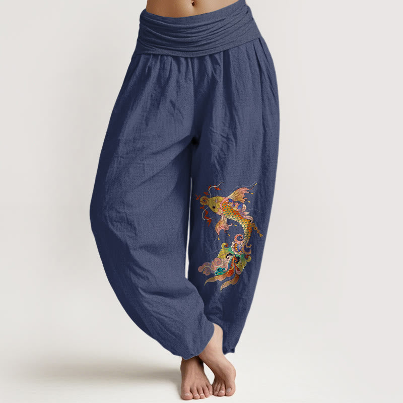 Buddha Stones, reine Baumwolle, farbenfrohe Koi-Karpfen, Kupfermünzen, chinesische Schriftzeichen – Damen-Haremshose mit elastischem Bund. - Dunkelschieferblau - US16, UK/AU20, EU48 (3XL) - image 5