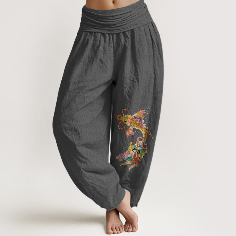 Buddha Stones, reine Baumwolle, farbenfrohe Koi-Karpfen, Kupfermünzen, chinesische Schriftzeichen – Damen-Haremshose mit elastischem Bund. - DimGray - US16, UK/AU20, EU48 (3XL) - image 8