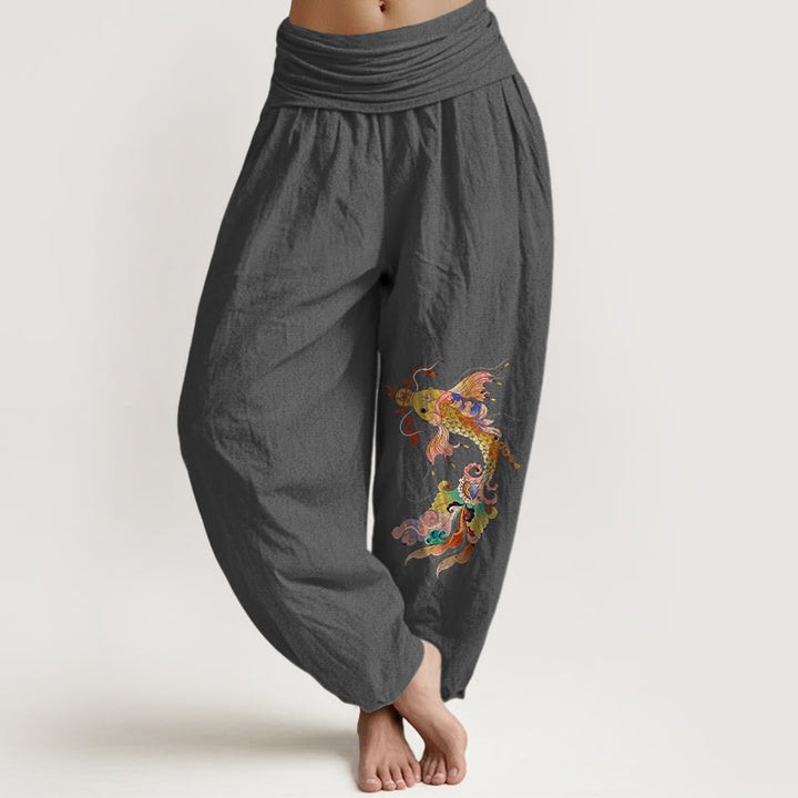 Buddha Stones, reine Baumwolle, farbenfrohe Koi-Karpfen, Kupfermünzen, chinesische Schriftzeichen – Damen-Haremshose mit elastischem Bund. - DimGray - US16, UK/AU20, EU48 (3XL) - image 8