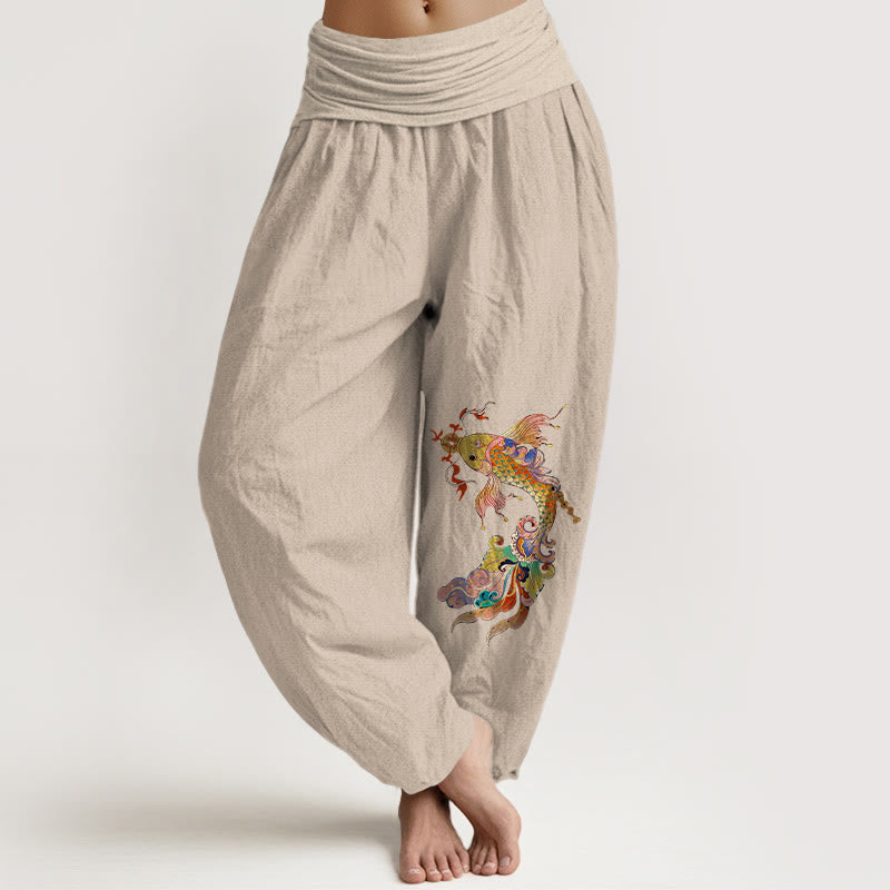 Buddha Stones, reine Baumwolle, farbenfrohe Koi-Karpfen, Kupfermünzen, chinesische Schriftzeichen – Damen-Haremshose mit elastischem Bund. - Bräunen - US16, UK/AU20, EU48 (3XL) - image 11