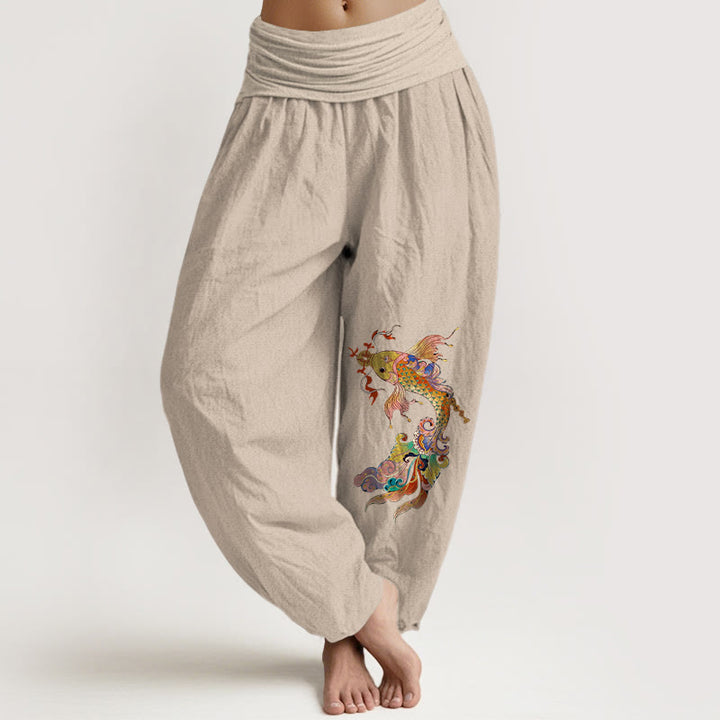Buddha Stones, reine Baumwolle, farbenfrohe Koi-Karpfen, Kupfermünzen, chinesische Schriftzeichen – Damen-Haremshose mit elastischem Bund. - Bräunen - US16, UK/AU20, EU48 (3XL) - image 11