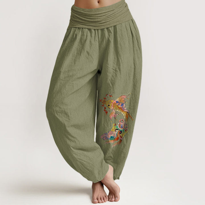 Buddha Stones, reine Baumwolle, farbenfrohe Koi-Karpfen, Kupfermünzen, chinesische Schriftzeichen – Damen-Haremshose mit elastischem Bund. - Olivgrün - US16, UK/AU20, EU48 (3XL) - image 14