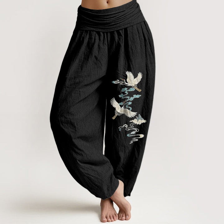 Buddha Stones Haremshose aus reiner Baumwolle mit elegantem Kranich-, Wolken- und Bergmuster, elastischem Bund für Damen - Schwarz - US16, UK/AU20, EU48 (3XL) - image 0