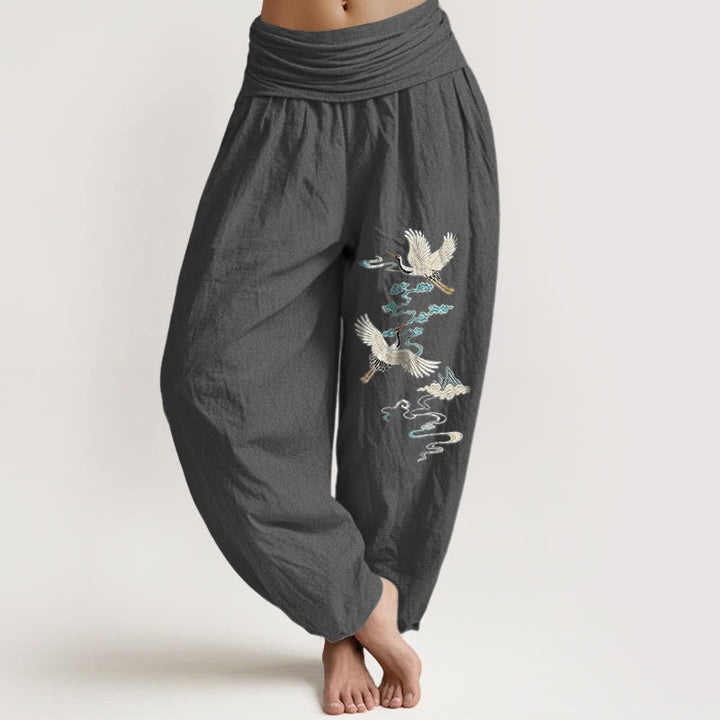Buddha Stones Haremshose aus reiner Baumwolle mit elegantem Kranich-, Wolken- und Bergmuster, elastischem Bund für Damen - DimGray - US16, UK/AU20, EU48 (3XL) - image 8