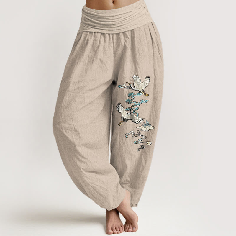 Buddha Stones Haremshose aus reiner Baumwolle mit elegantem Kranich-, Wolken- und Bergmuster, elastischem Bund für Damen - Bräunen - US16, UK/AU20, EU48 (3XL) - image 11