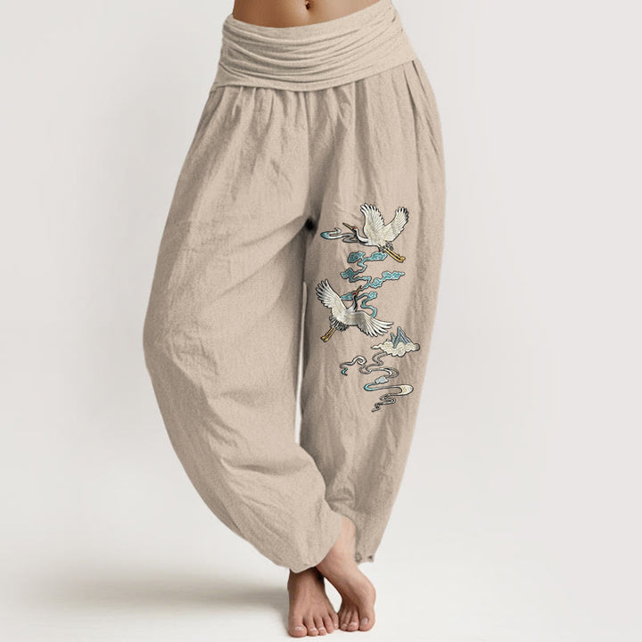 Buddha Stones Haremshose aus reiner Baumwolle mit elegantem Kranich-, Wolken- und Bergmuster, elastischem Bund für Damen - Bräunen - US16, UK/AU20, EU48 (3XL) - image 11