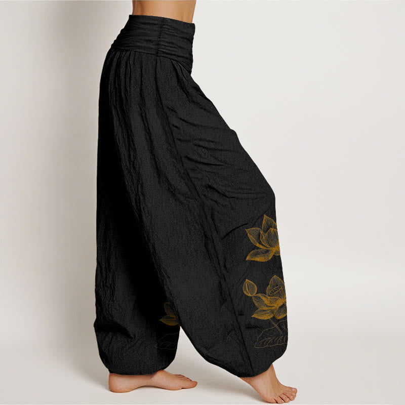 Buddha Stones, reine Baumwolle, Linienzeichnung, Lotusblumenmuster, Damen-Haremshose mit elastischem Bund - image 2