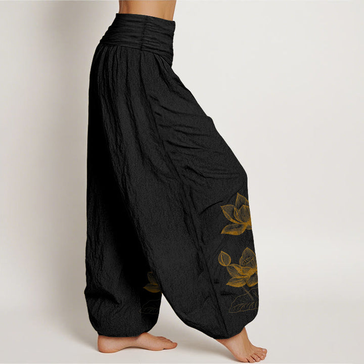 Buddha Stones, reine Baumwolle, Linienzeichnung, Lotusblumenmuster, Damen-Haremshose mit elastischem Bund - image 2