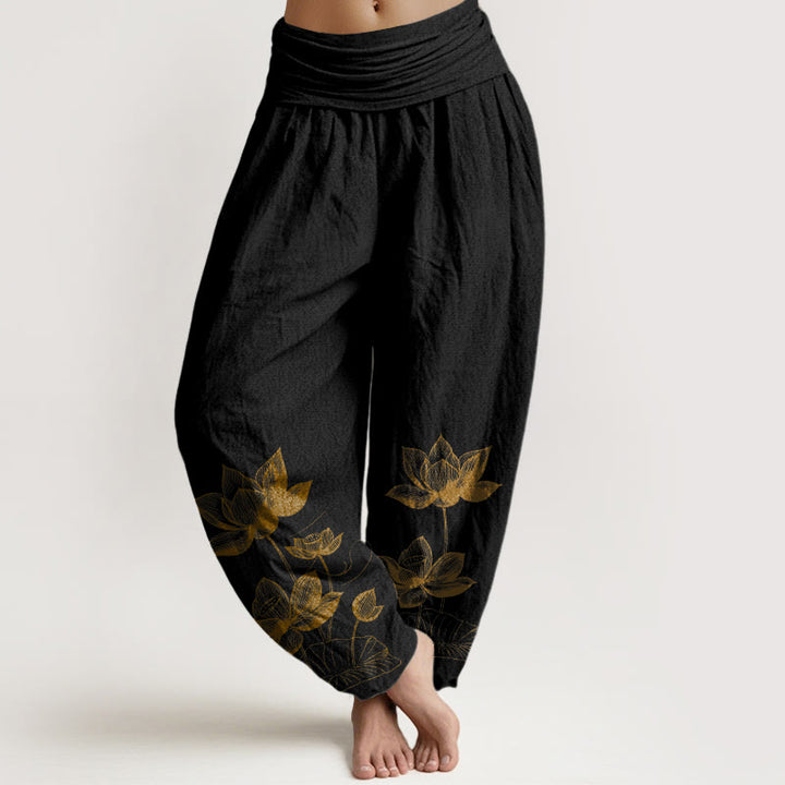 Buddha Stones, reine Baumwolle, Linienzeichnung, Lotusblumenmuster, Damen-Haremshose mit elastischem Bund - Schwarz - US16, UK/AU20, EU48 (3XL) - image 0