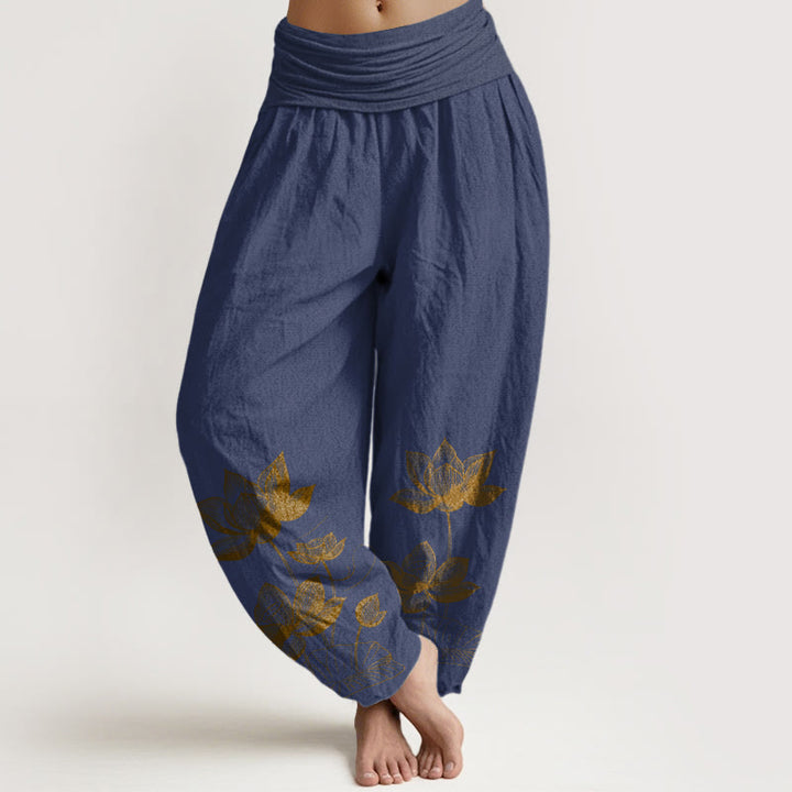 Buddha Stones, reine Baumwolle, Linienzeichnung, Lotusblumenmuster, Damen-Haremshose mit elastischem Bund - Dunkelschieferblau - US16, UK/AU20, EU48 (3XL) - image 5