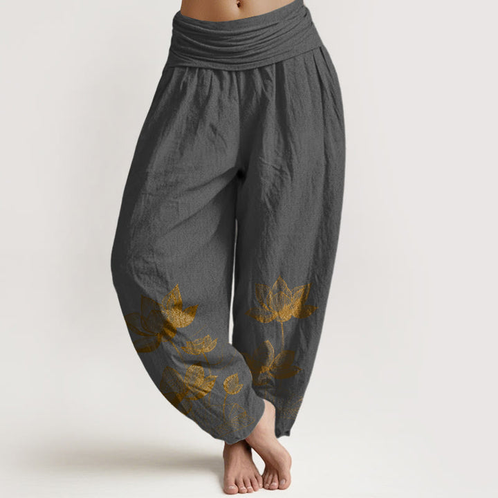 Buddha Stones, reine Baumwolle, Linienzeichnung, Lotusblumenmuster, Damen-Haremshose mit elastischem Bund - DimGray - US16, UK/AU20, EU48 (3XL) - image 8
