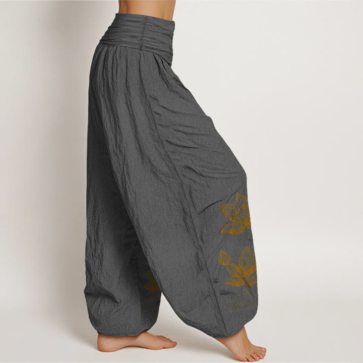 Buddha Stones, reine Baumwolle, Linienzeichnung, Lotusblumenmuster, Damen-Haremshose mit elastischem Bund - image 10