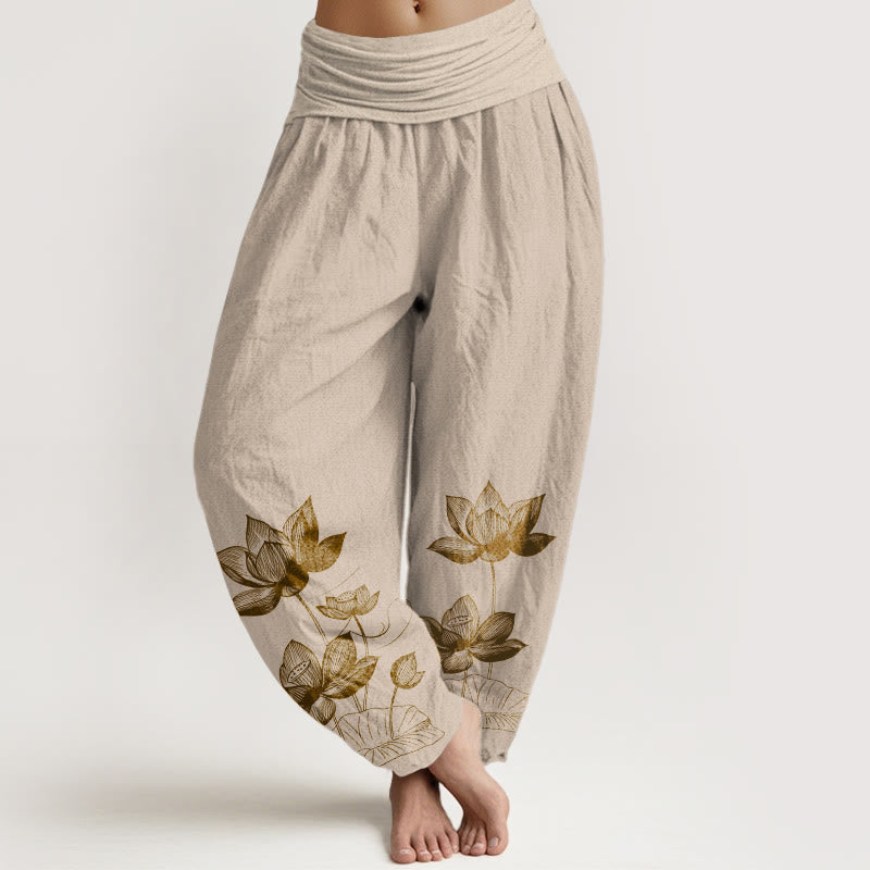Buddha Stones, reine Baumwolle, Linienzeichnung, Lotusblumenmuster, Damen-Haremshose mit elastischem Bund - Bräunen - US16, UK/AU20, EU48 (3XL) - image 11
