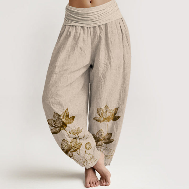 Buddha Stones, reine Baumwolle, Linienzeichnung, Lotusblumenmuster, Damen-Haremshose mit elastischem Bund - Bräunen - US16, UK/AU20, EU48 (3XL) - image 11