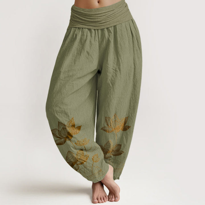 Buddha Stones, reine Baumwolle, Linienzeichnung, Lotusblumenmuster, Damen-Haremshose mit elastischem Bund - Olivgrün - US16, UK/AU20, EU48 (3XL) - image 14