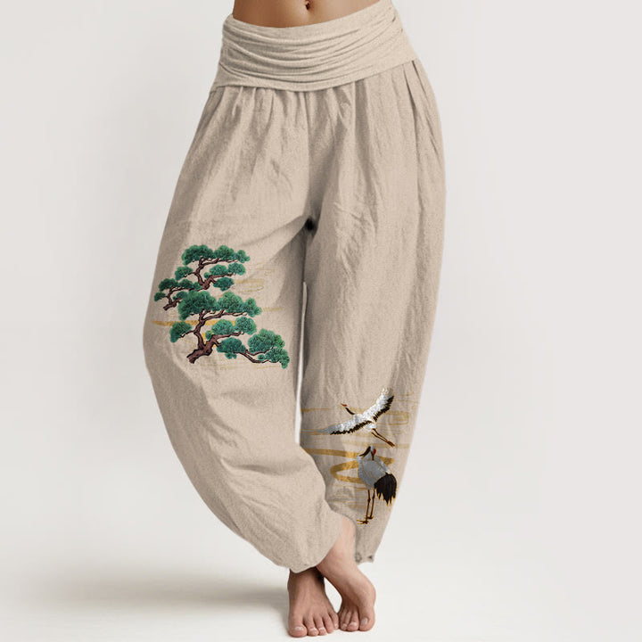 Buddha Stones Haremshose aus reiner Baumwolle in eleganten Farben mit Kiefern- und Kranichmuster sowie elastischem Bund für Damen - Bräunen - US16, UK/AU20, EU48 (3XL) - image 0